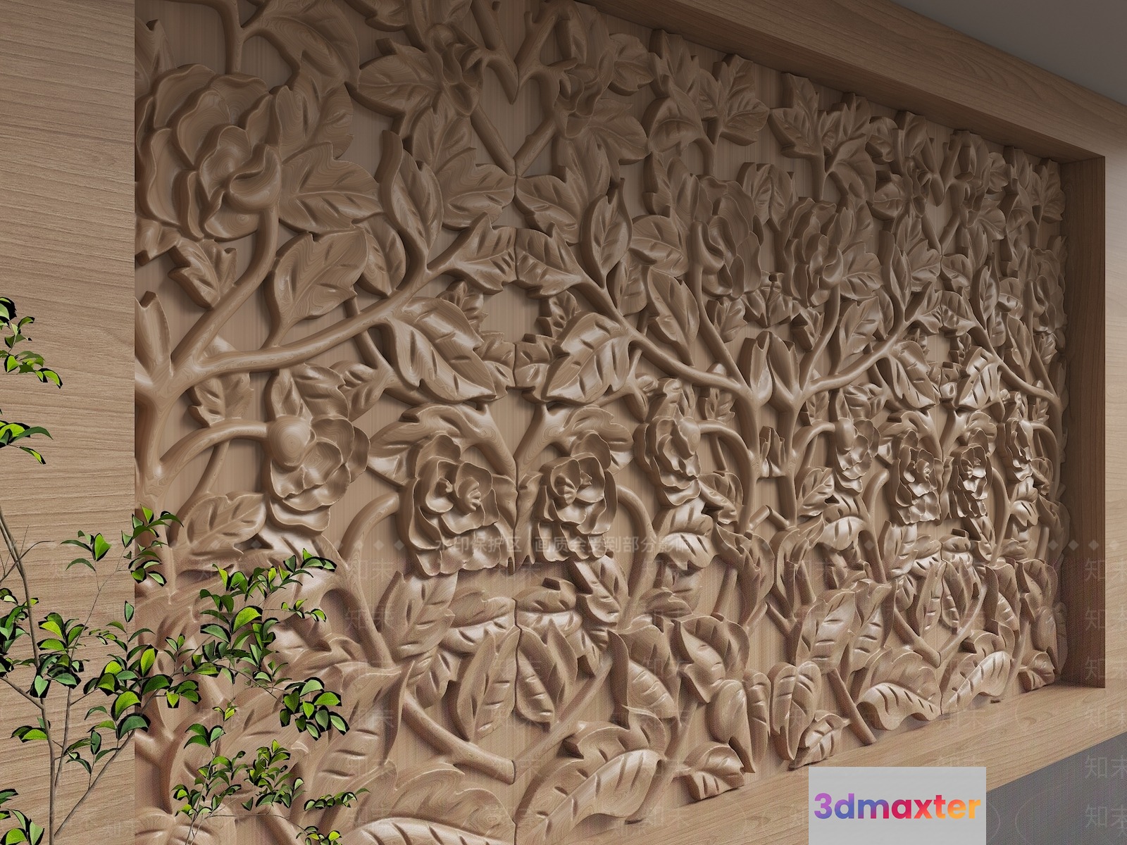 A Large Intricately Carved Wooden Wall Panel 3D Model - 22541 - VRAY Render