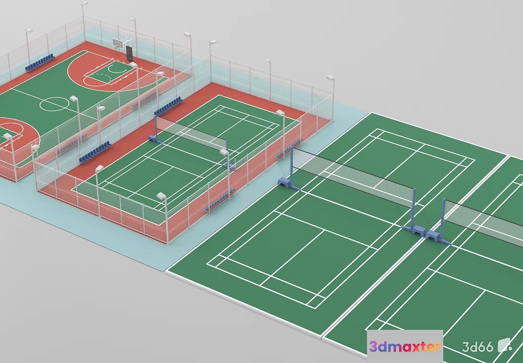 A 3D Rendering Of A Sports Complex With Multiple Tennis Courts And Basketball 3D Model - 21817 - VRAY Render