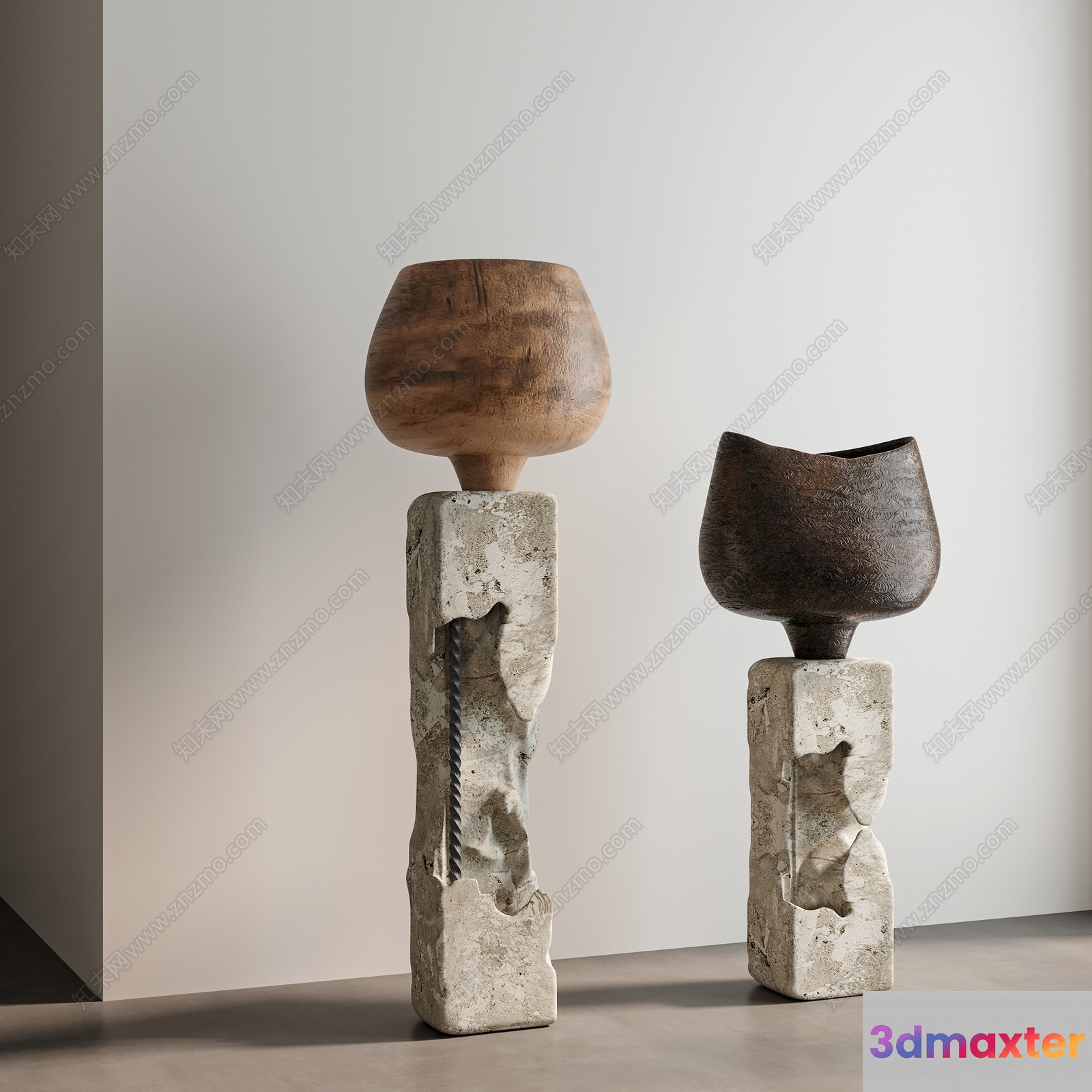 Rustic Stone Pedestals With Ceramic Vases 3D Model - 12819 - VRAY Render