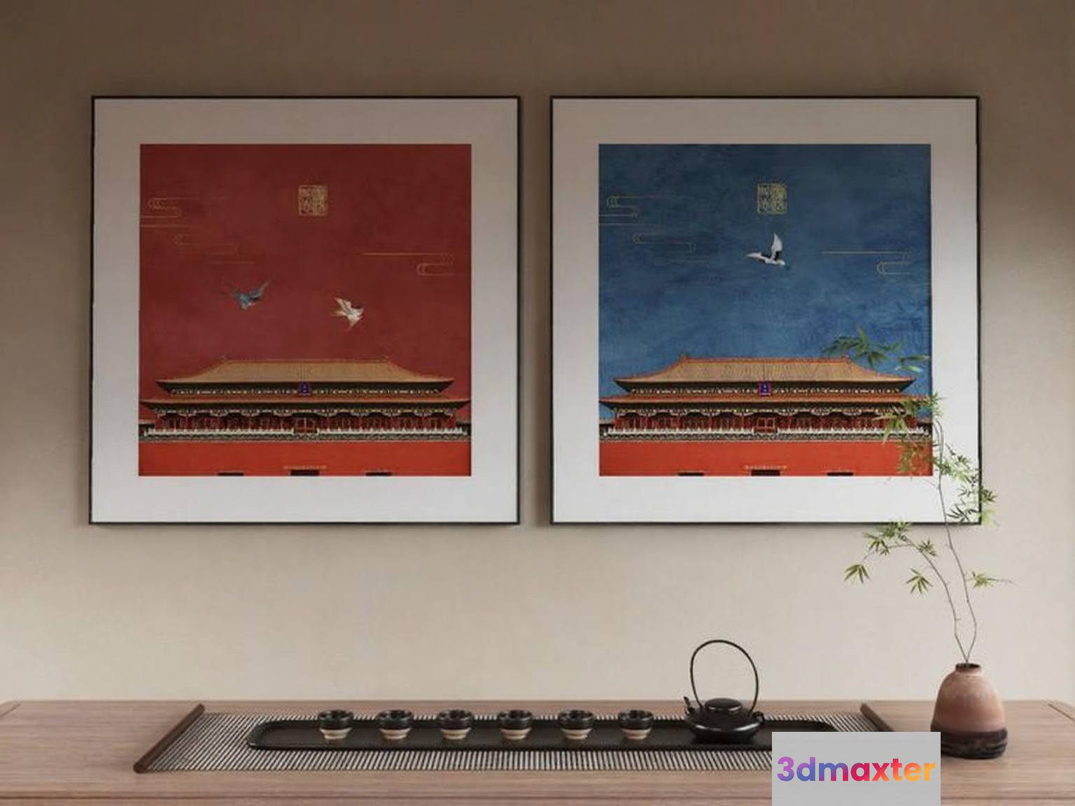 A Pair Of Framed Chinese-Style Paintings 3D Model - 11086 - VRAY Render