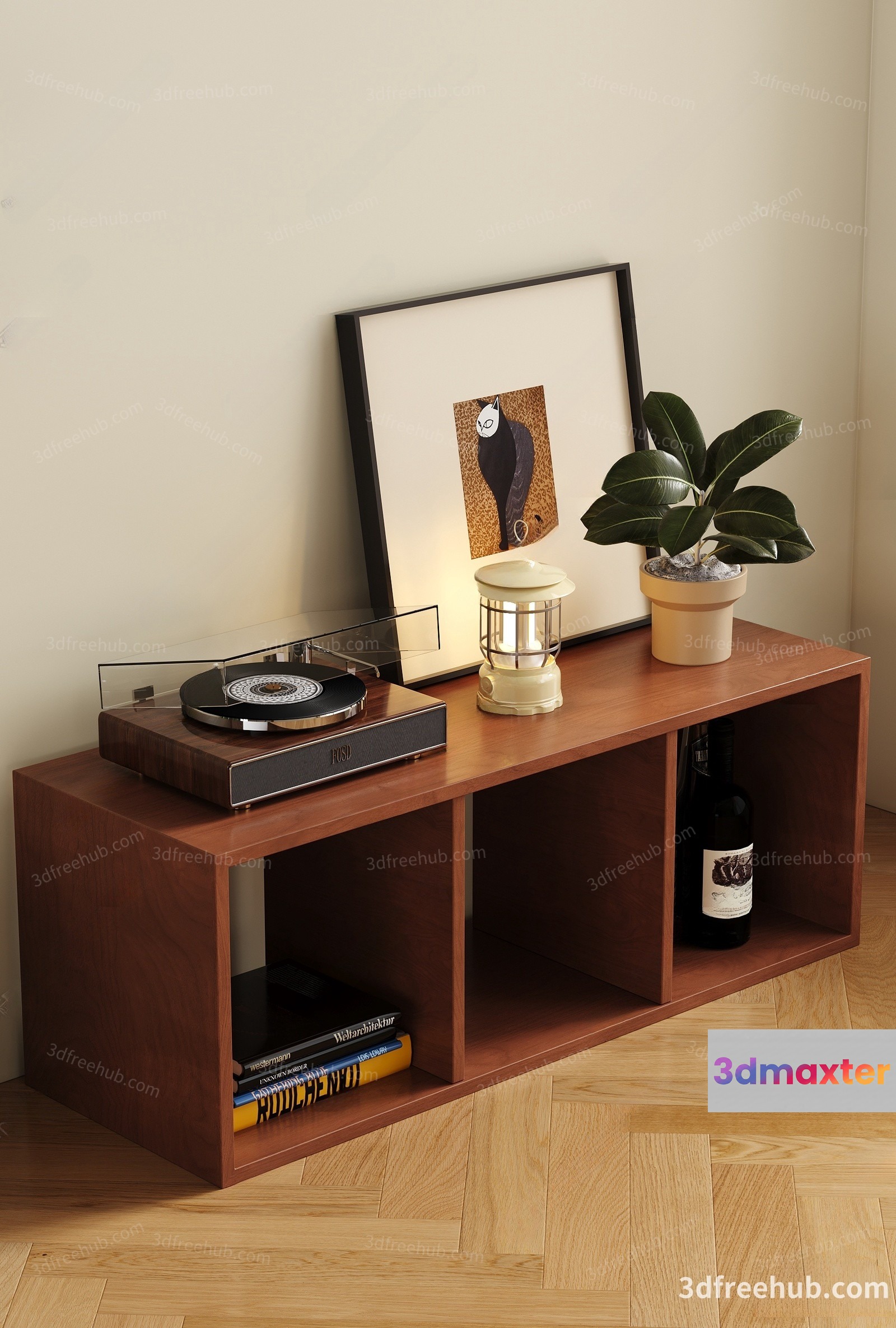 A Wooden Shelf With A Record Player 3D Model - 20848 - VRAY Render