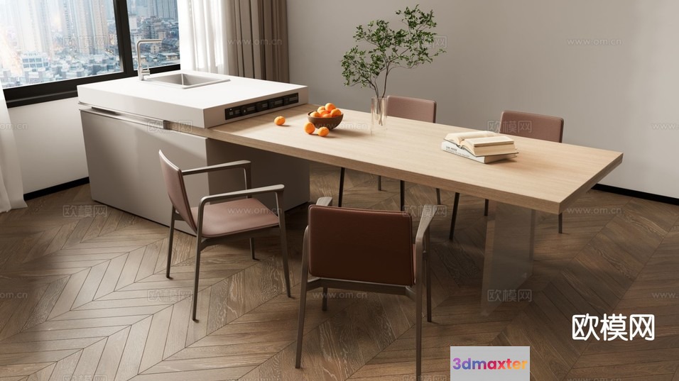 Modern Kitchen With A Table And Chairs 3D Model - 2181 - VRAY Render