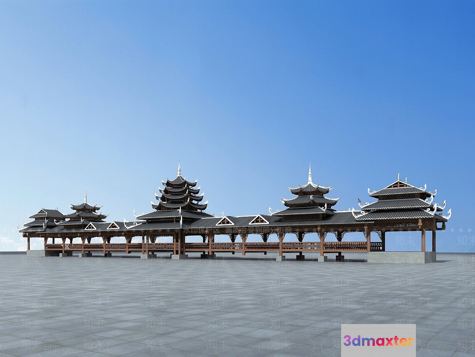 The Main Subject Is A Chinese-Style Building With A Gray Roof 3D Model - 15212 - VRAY Render