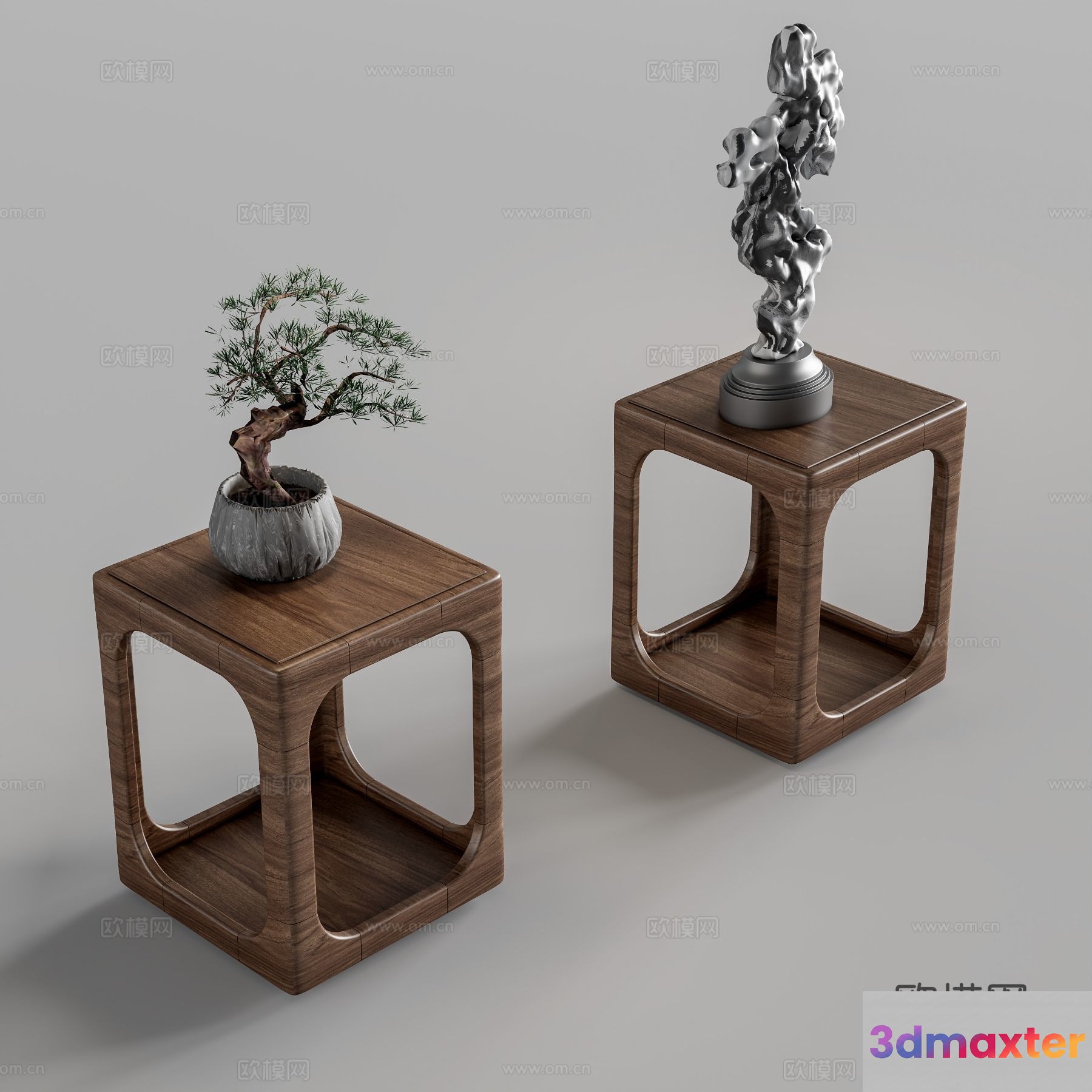 A Wooden Table With Two Decorative Items 3D Model - 5367 - VRAY Render
