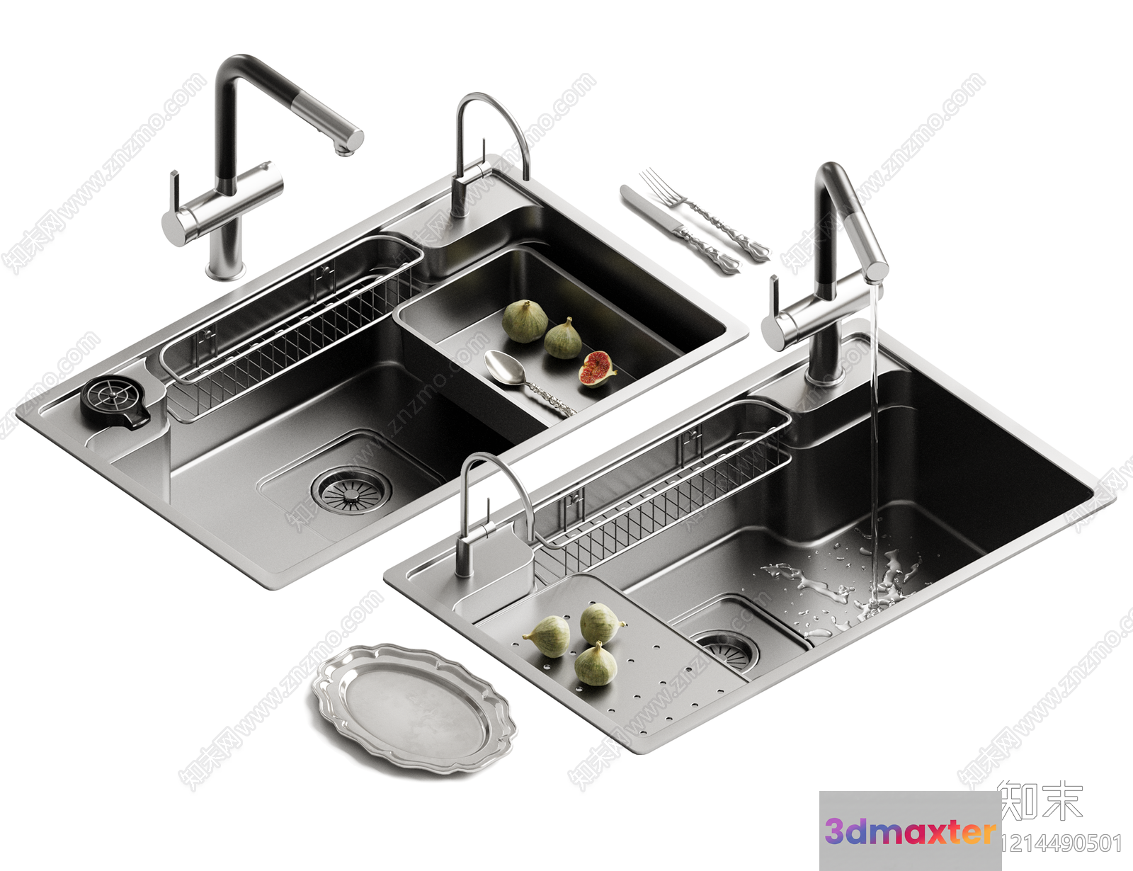Two Stainless Steel Sinks 3D Model - 16993 - VRAY Render