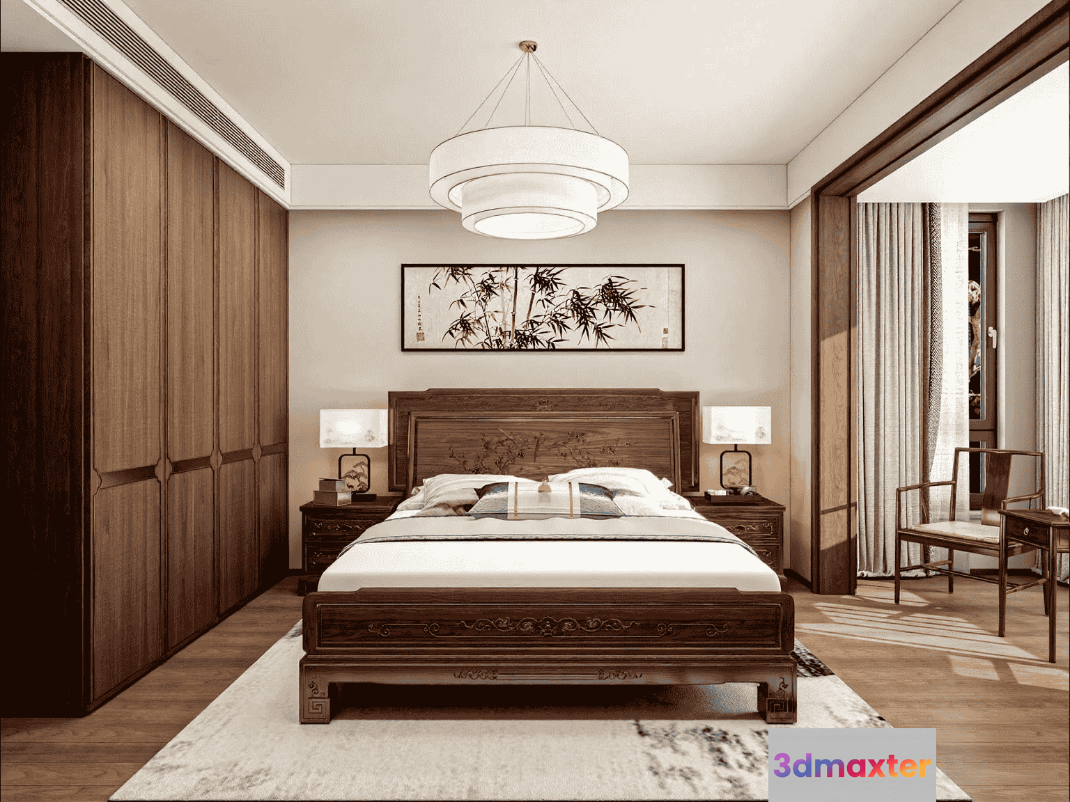 A Bedroom With A Large Bed 3D Model - 14850 - VRAY Render