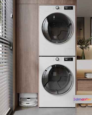 White Stackable Washer Dryer 3D Model - 5881 - CORONA Render