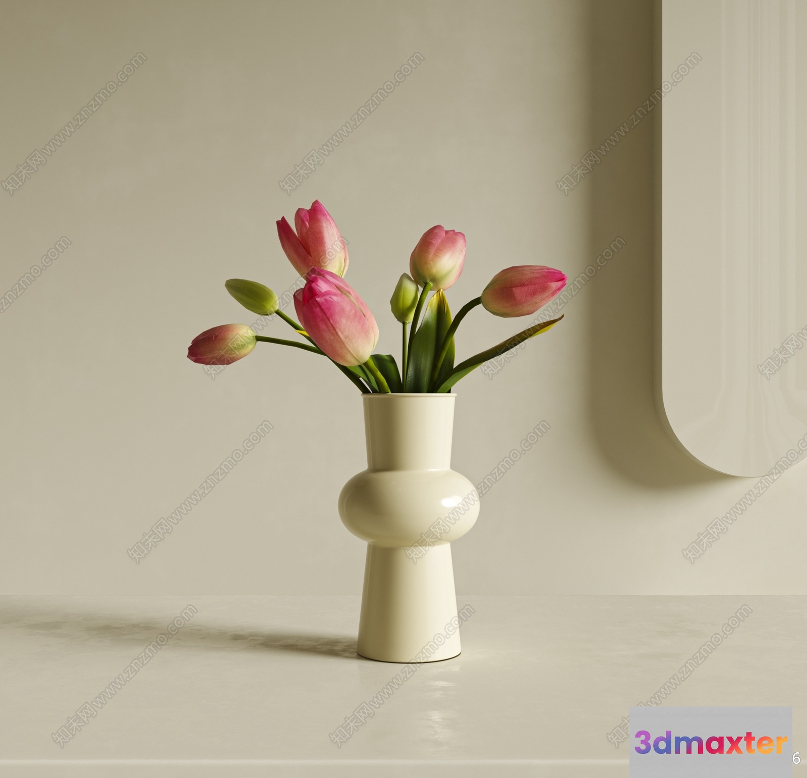 A White Vase With Pink Tulips 3D Model - 13890 - VRAY Render