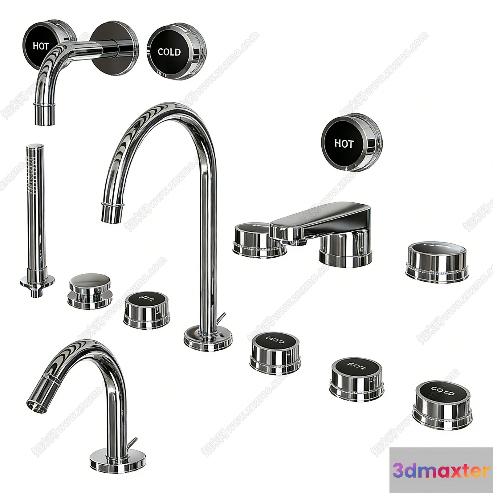 A Chrome Faucet With Hot And Cold Knobs 3D Model - 13106 - VRAY Render