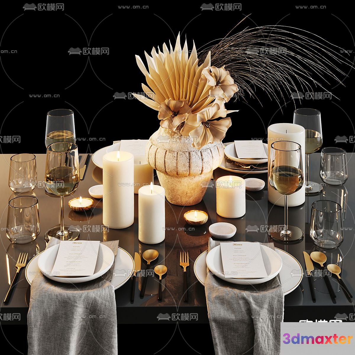 A Table Setting With Candles And A Vase 3D Model - 3756 - VRAY Render