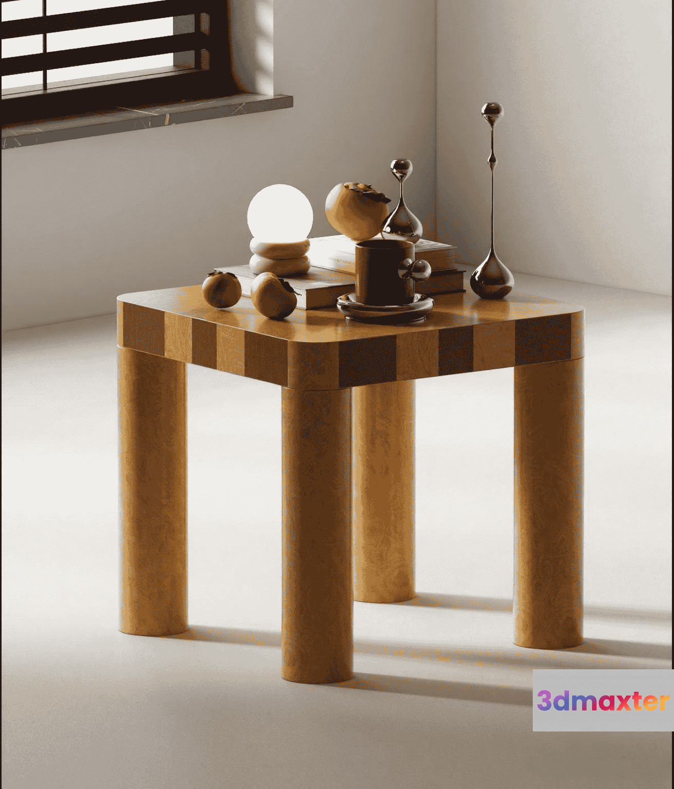 A Wooden Table With A Lamp And Other Objects On It 3D Model - 10944 - VRAY Render
