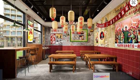 A Chinese Restaurant With Wooden Tables And Benches 3D Model - 3984 - VRAY Render