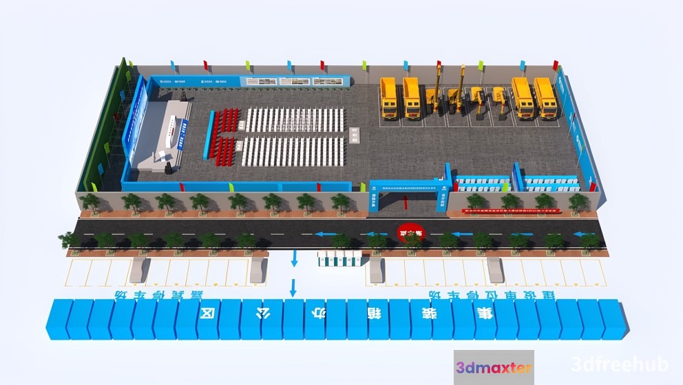 A 3D Rendering Of A Building With A Parking Lot And Trucks 3D Model - 19932 - VRAY Render