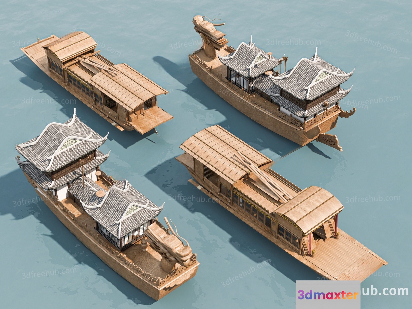 A 3D Rendering Of Four Boats 3D Model - 18701 - VRAY Render