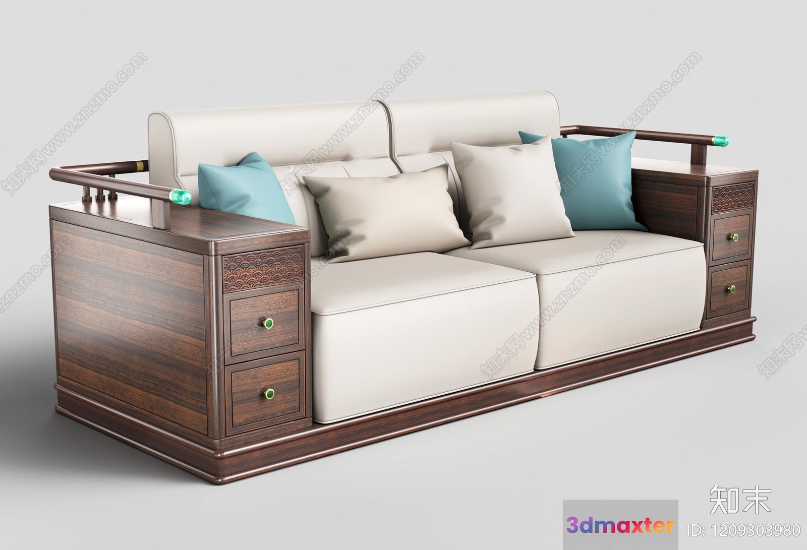 A Wooden Couch With White Cushions And Blue Pillows 3D Model - 21839 - VRAY Render