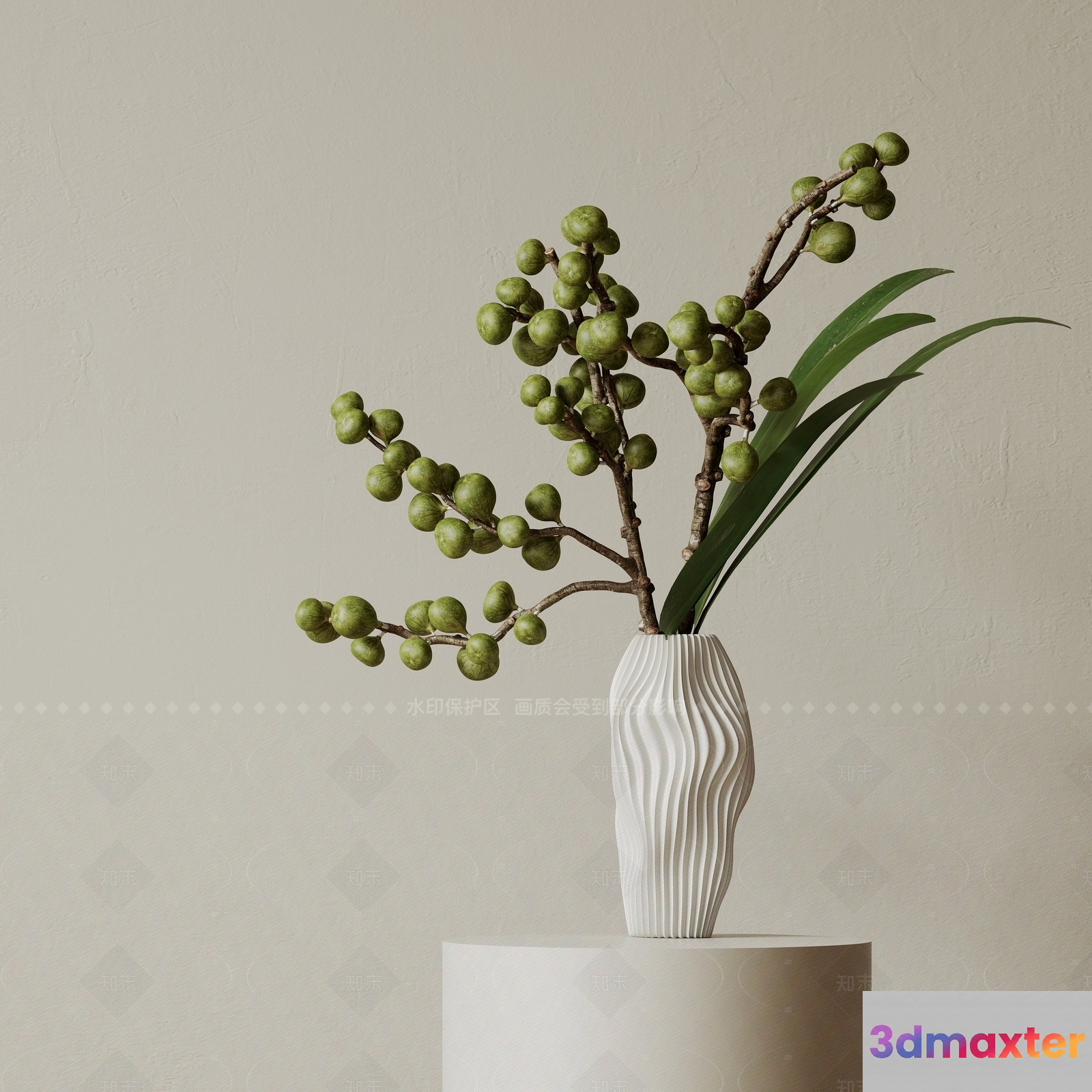 A White Vase With Green Branches 3D Model - 8700 - CORONA Render