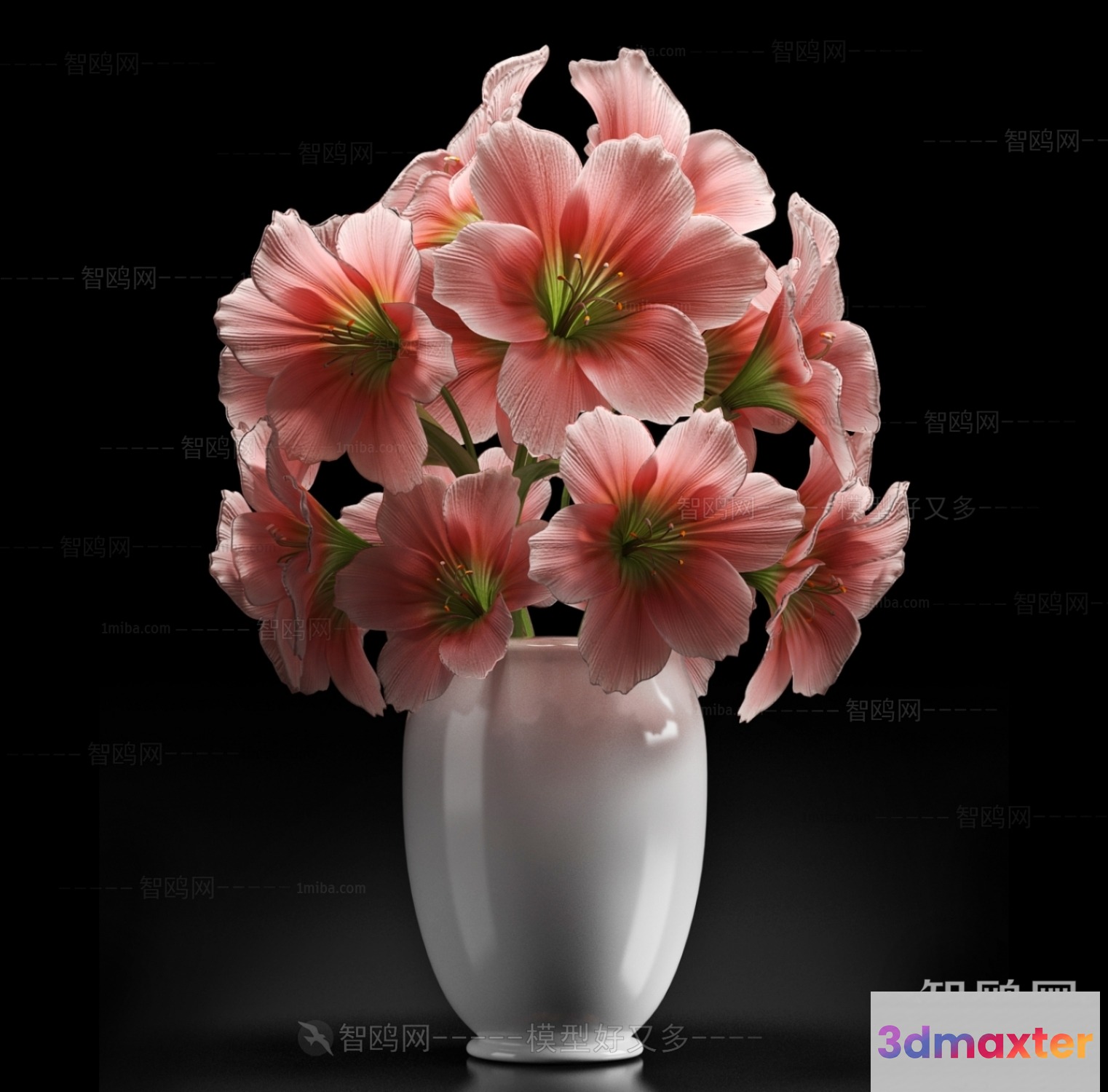 A White Vase With Pink Flowers 3D Model - 14379 - VRAY Render