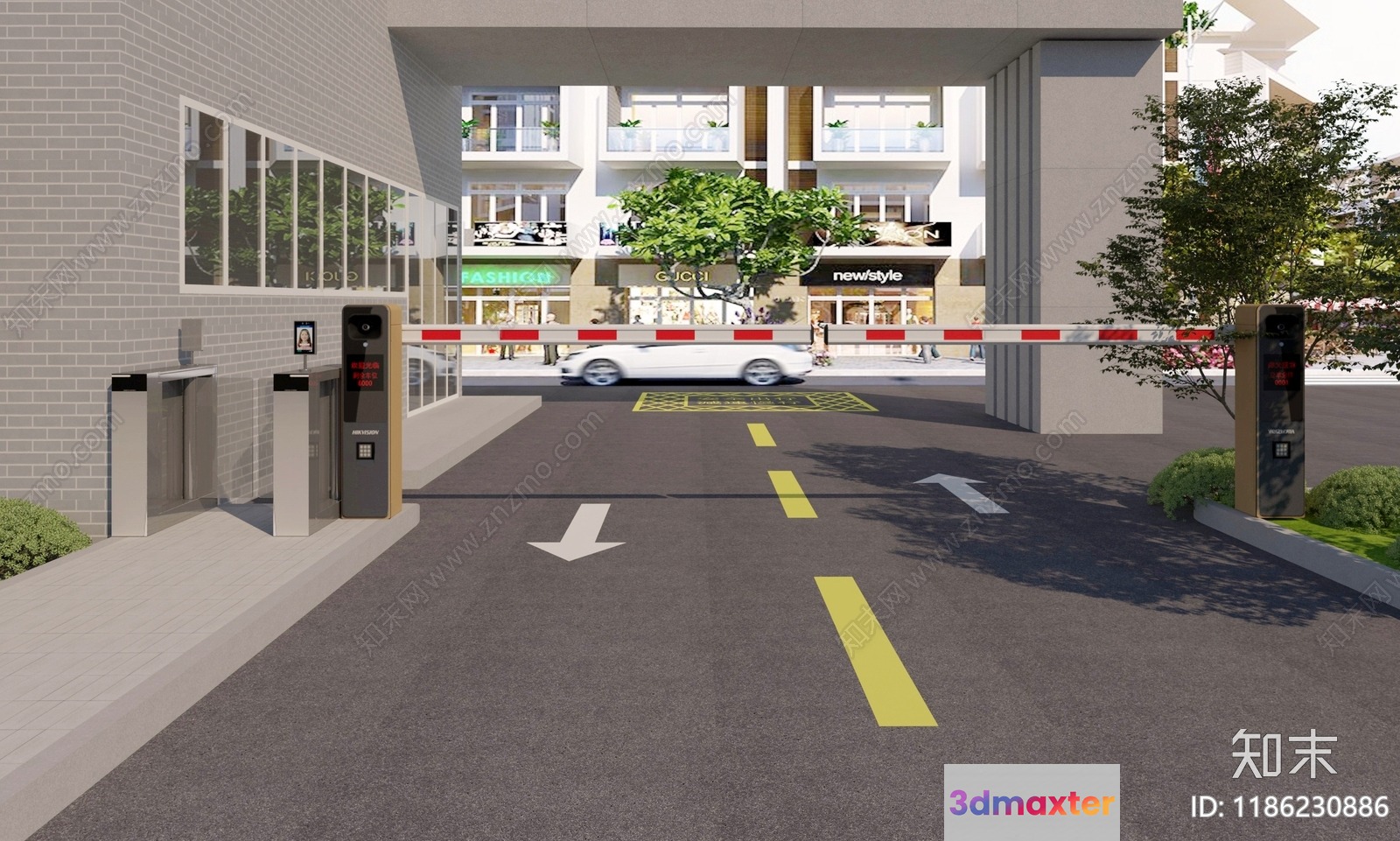 A White Car Driving Through A Barrier Gate 3D Model - 4887 - VRAY Render
