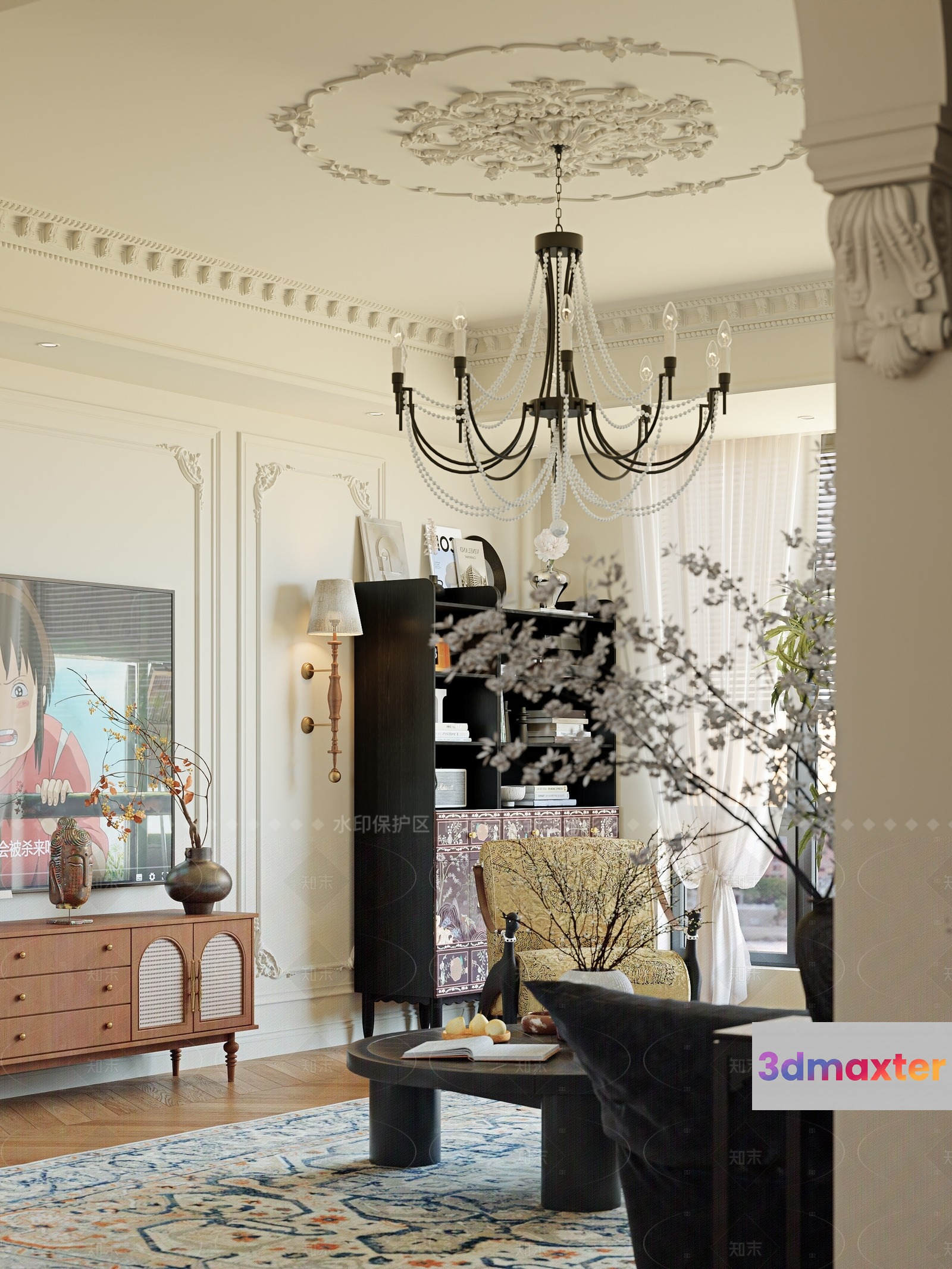 A Living Room With A Chandelier 3D Model - 207 - VRAY Render