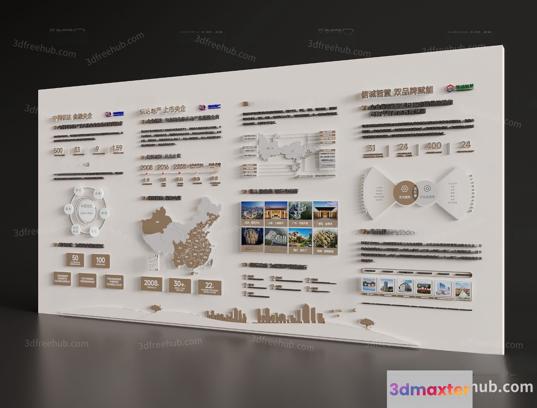 A 3D Infographic On A White Wall Showcasing Various 3D Model - 18760 - VRAY Render