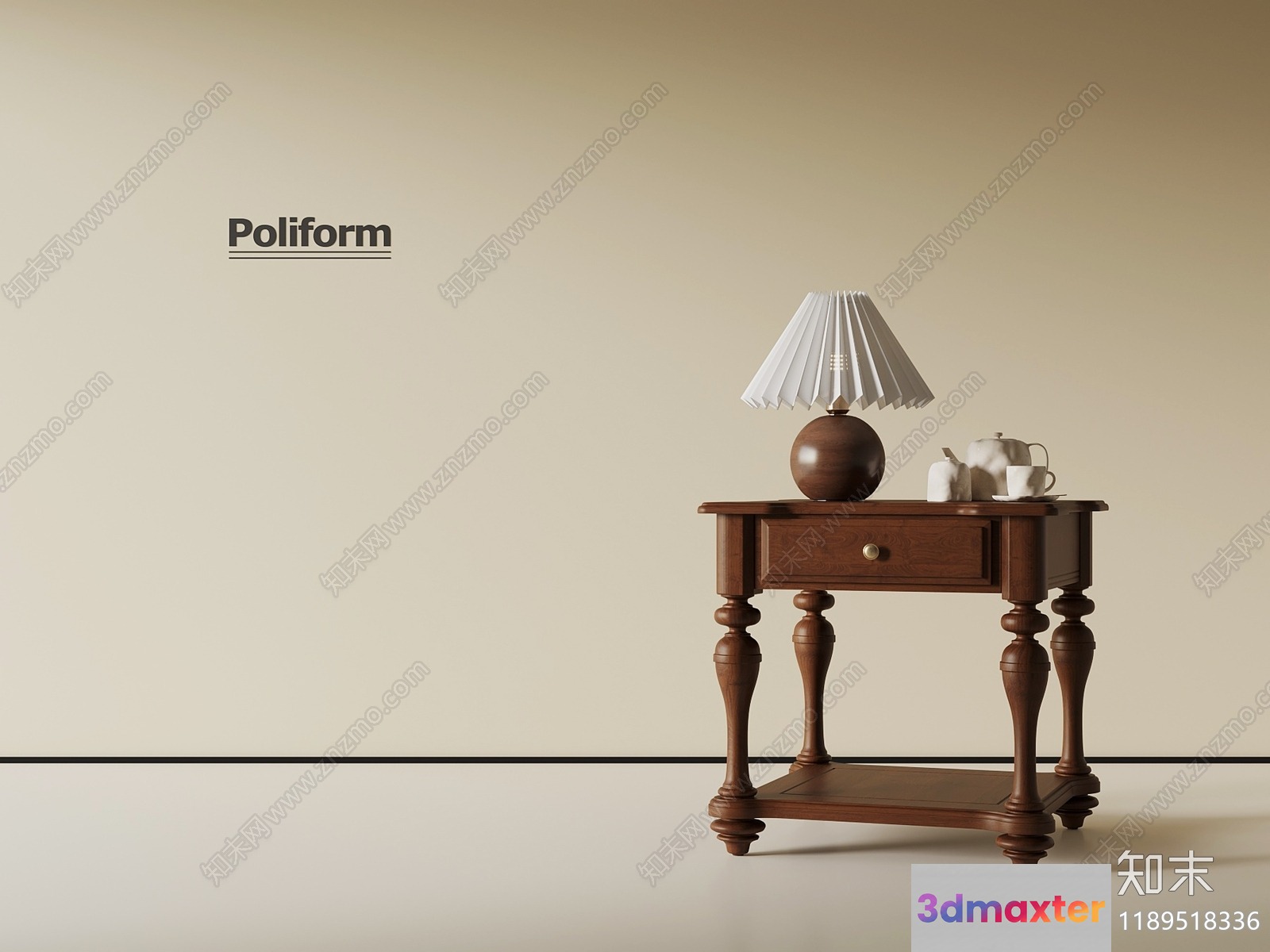 A Wooden Table With A Lamp And Tea Set 3D Model - 3812 - VRAY Render