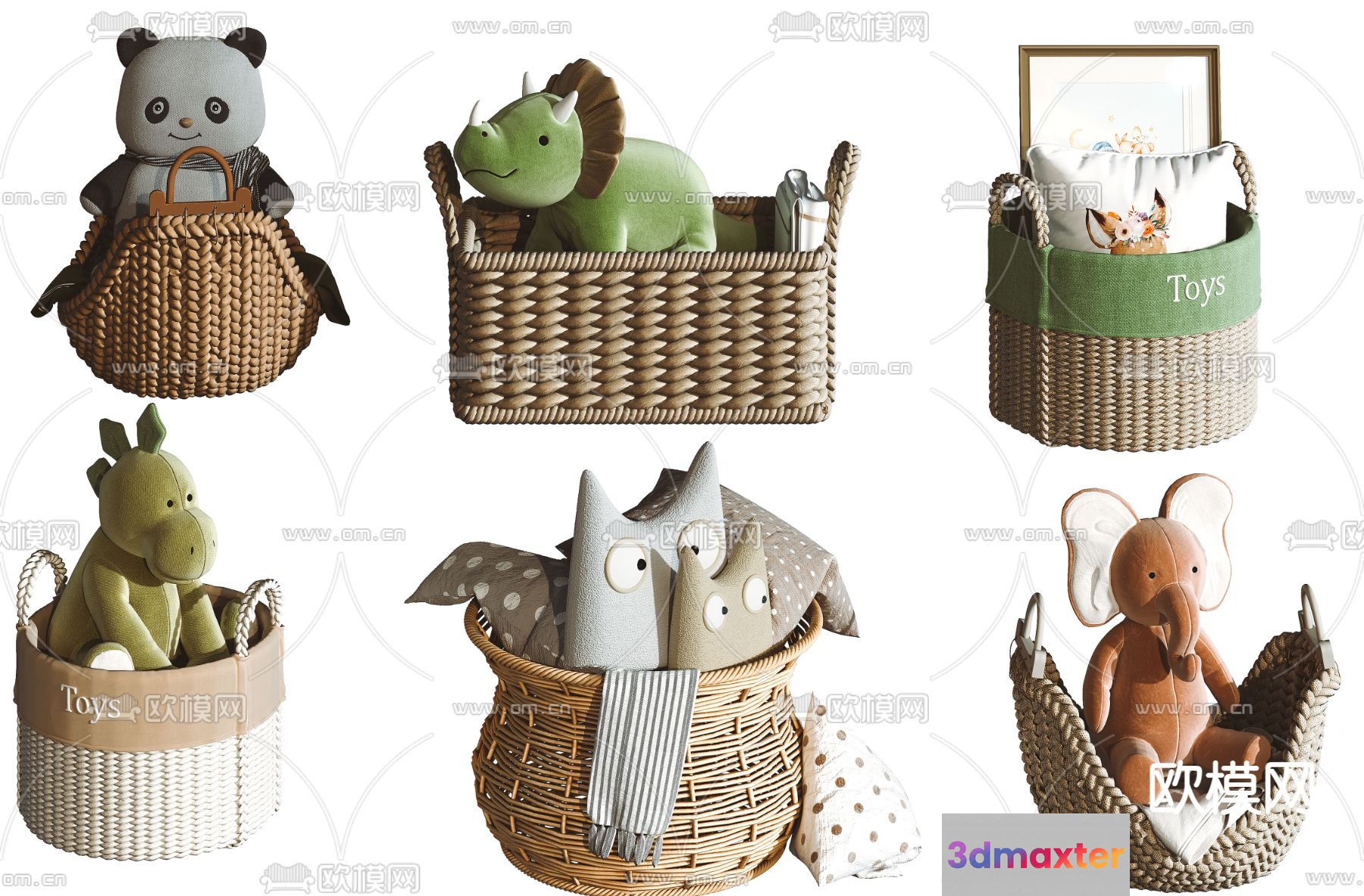This Image Features A Collection Of Stuffed Animals In Wicker Baskets 3D Model - 2699 - VRAY Render