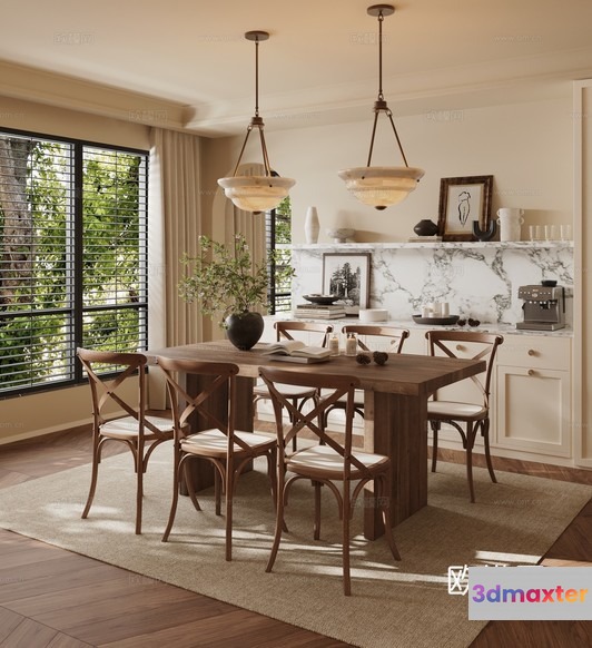 A Dining Room With A Wooden Table And Chairs 3D Model - 14222 - CORONA Render