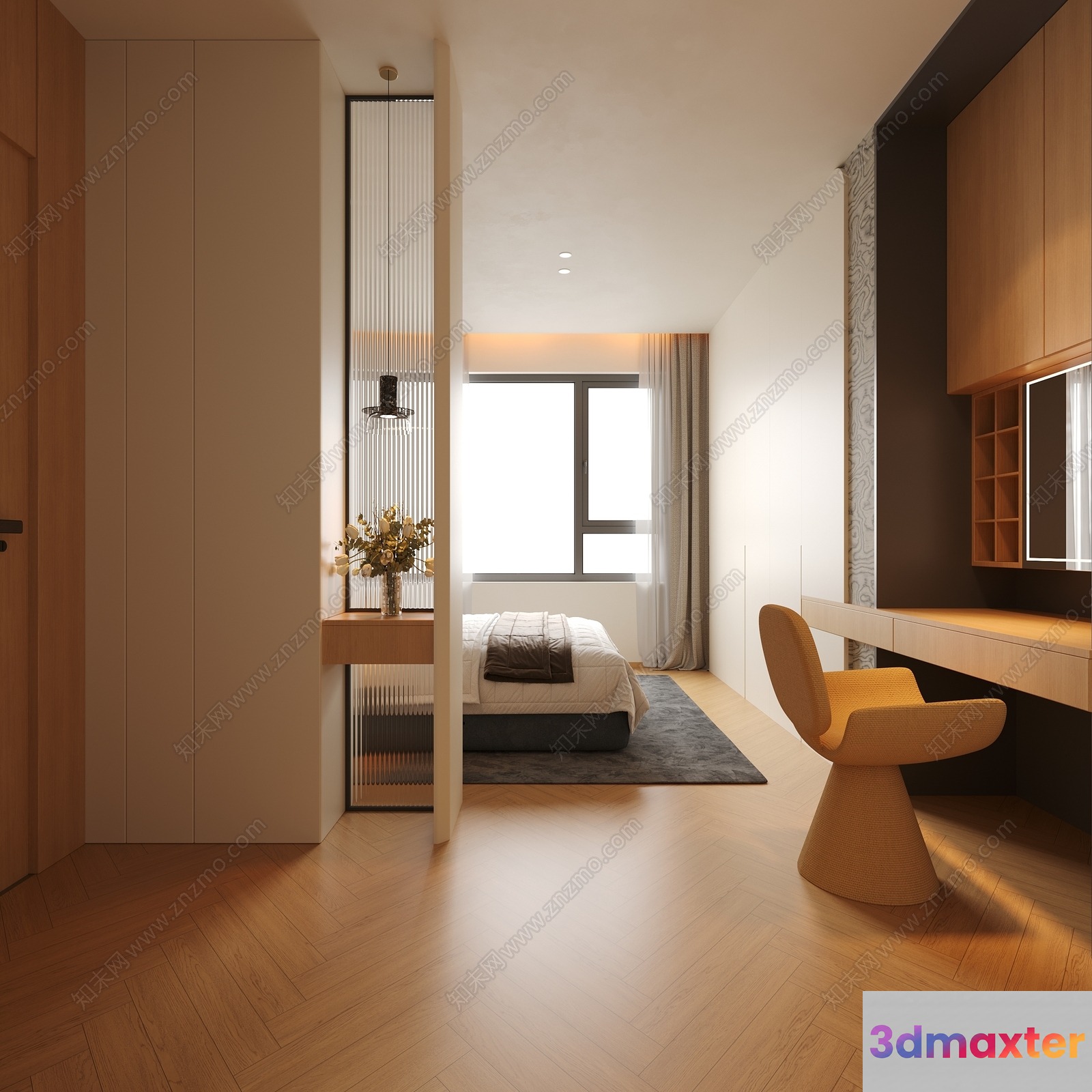 Modern Bedroom With A Large Window 3D Model - 23469 - VRAY Render