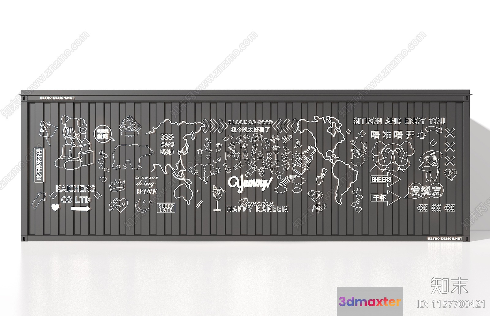A Large Gray Shipping Container With White Doodles On It 3D Model - 8964 - VRAY Render