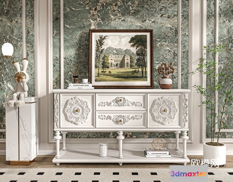 A White Sideboard With Gold Accents 3D Model - 1530 - VRAY Render