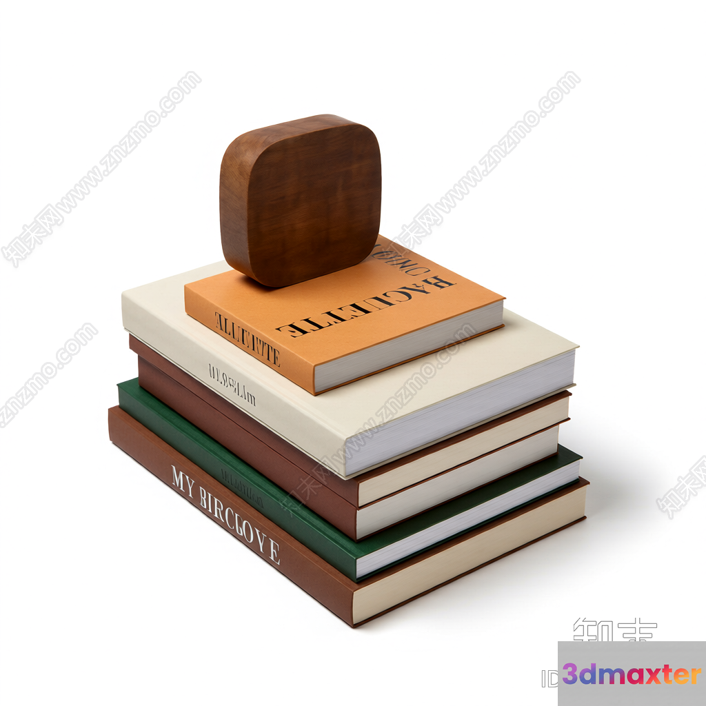A Stack Of Books With A Wooden Object On Top 3D Model - 2381 - VRAY Render