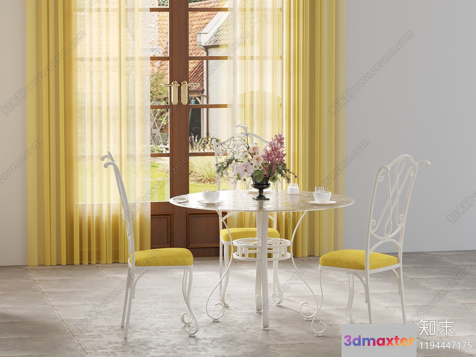 White Table With Yellow Chairs 3D Model - 14830 - CORONA Render