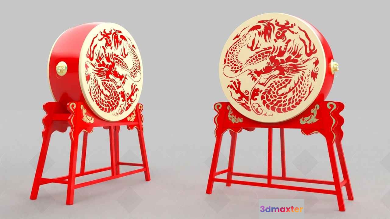 Two Red Drums With Dragon Designs 3D Model - 16711 - VRAY Render