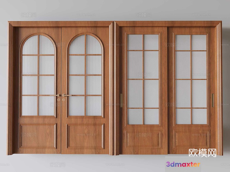 Three Wooden Doors With Glass Panels 3D Model - 7742 - VRAY Render