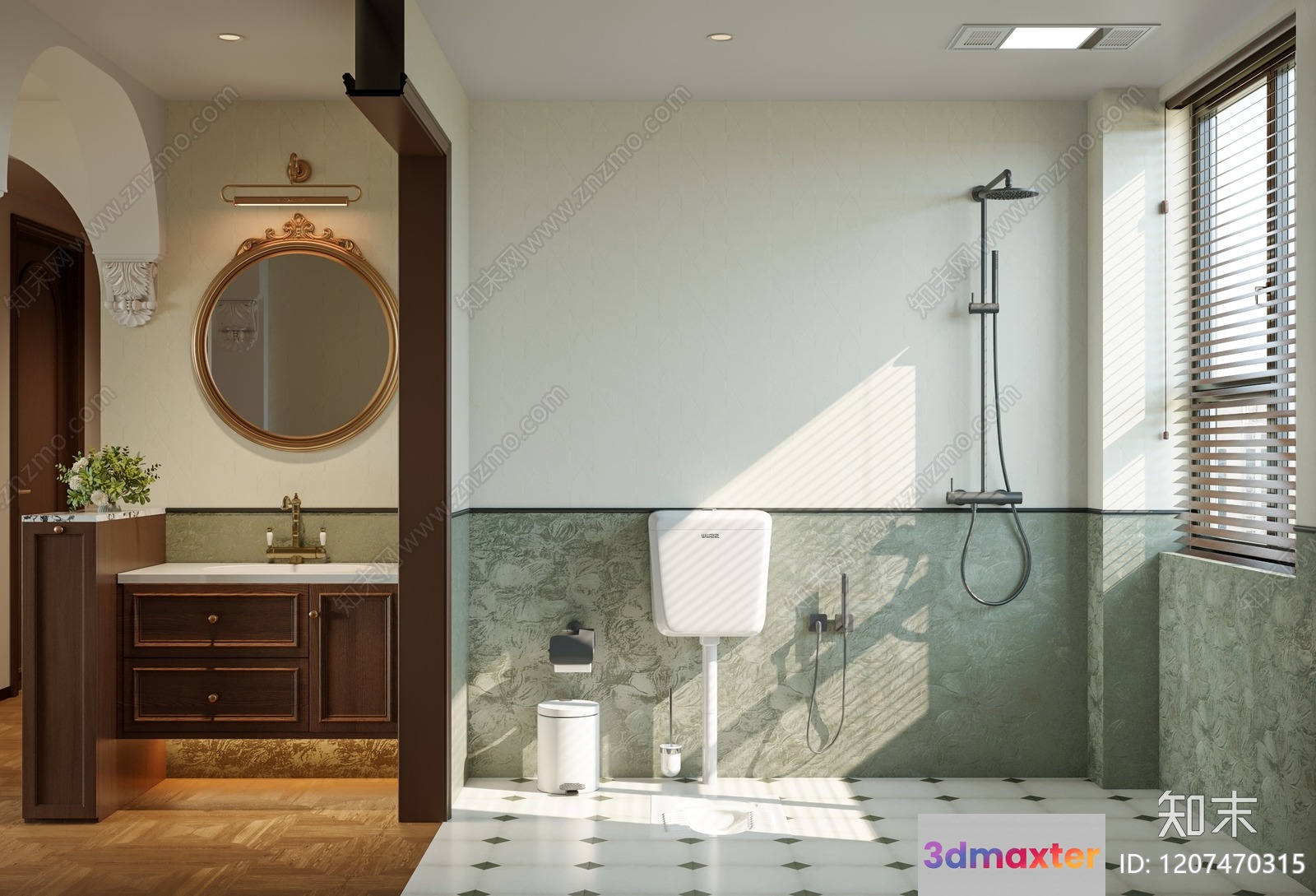 A Bathroom With A White And Green Color Scheme 3D Model - 1727 - CORONA Render