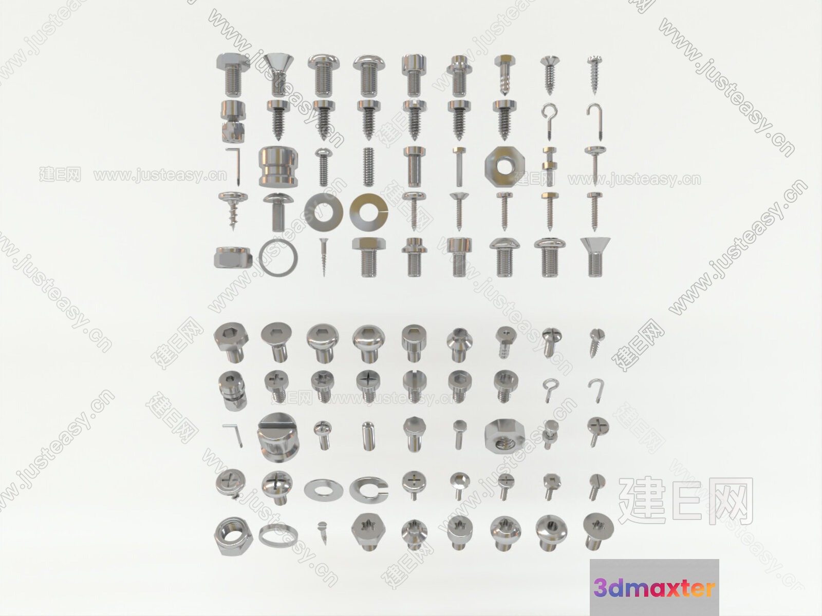 A Collection Of Silver Metal Screws 3D Model - 11495 - VRAY Render
