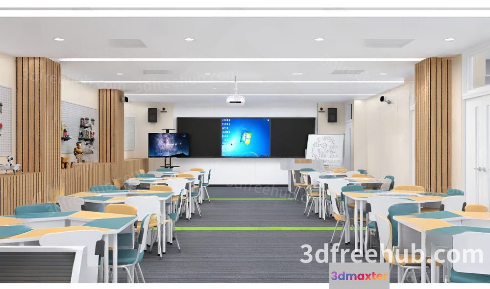 Modern Classroom With White Walls And A Projector Screen 3D Model - 20898 - VRAY Render