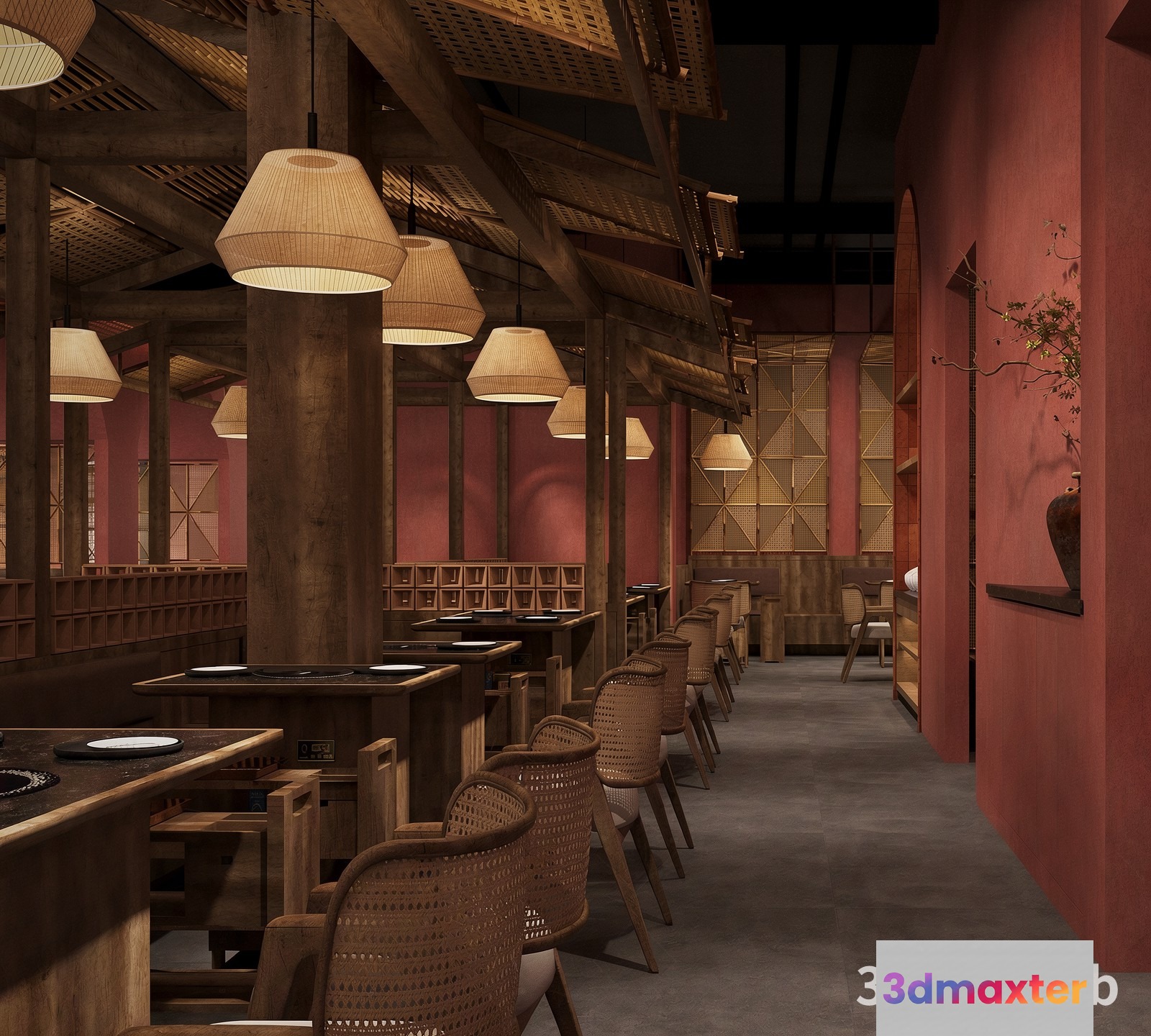 A Restaurant With Wooden Tables And Chairs 3D Model - 22410 - VRAY Render