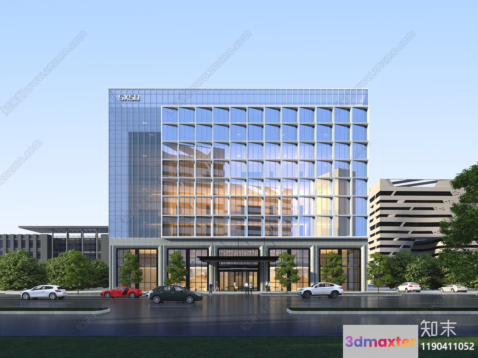 A Modern Multi-Story Building With A Glass Facade And A 3D Model - 10752 - VRAY Render