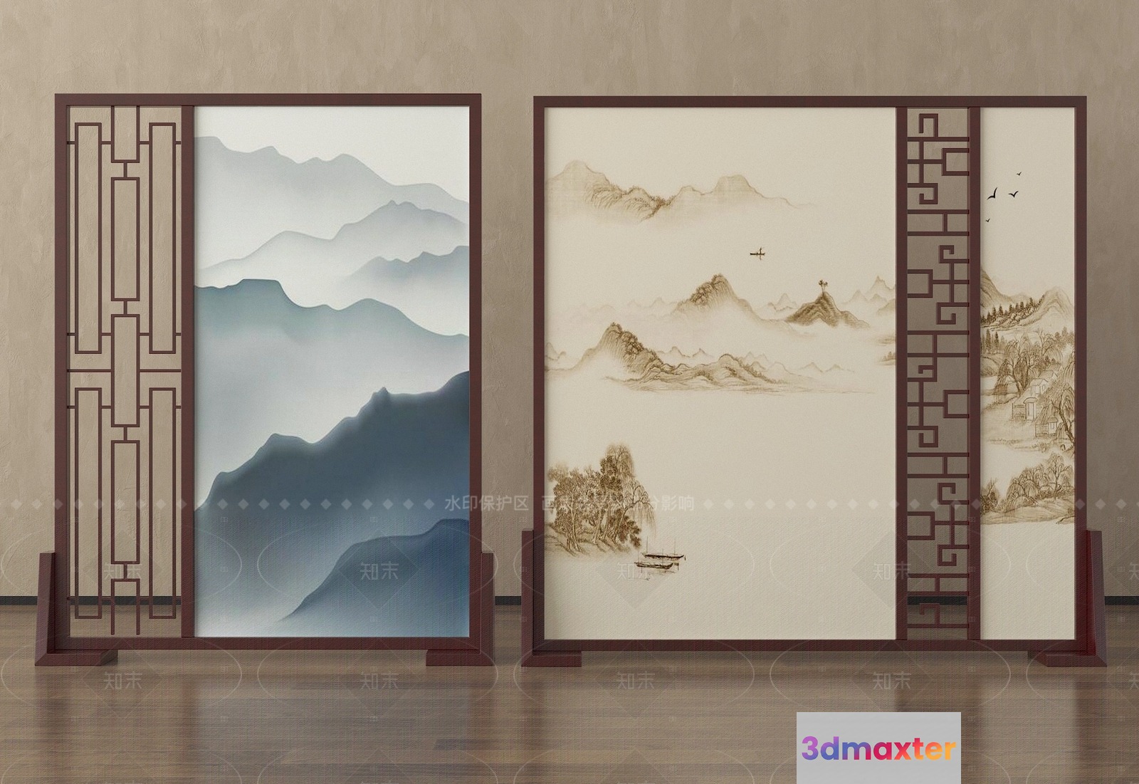 A Pair Of Decorative Screens With Asian-Inspired Designs 3D Model - 596 - VRAY Render