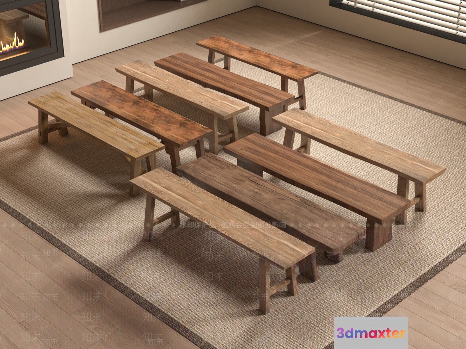 A Set Of Wooden Benches 3D Model - 1034 - VRAY Render