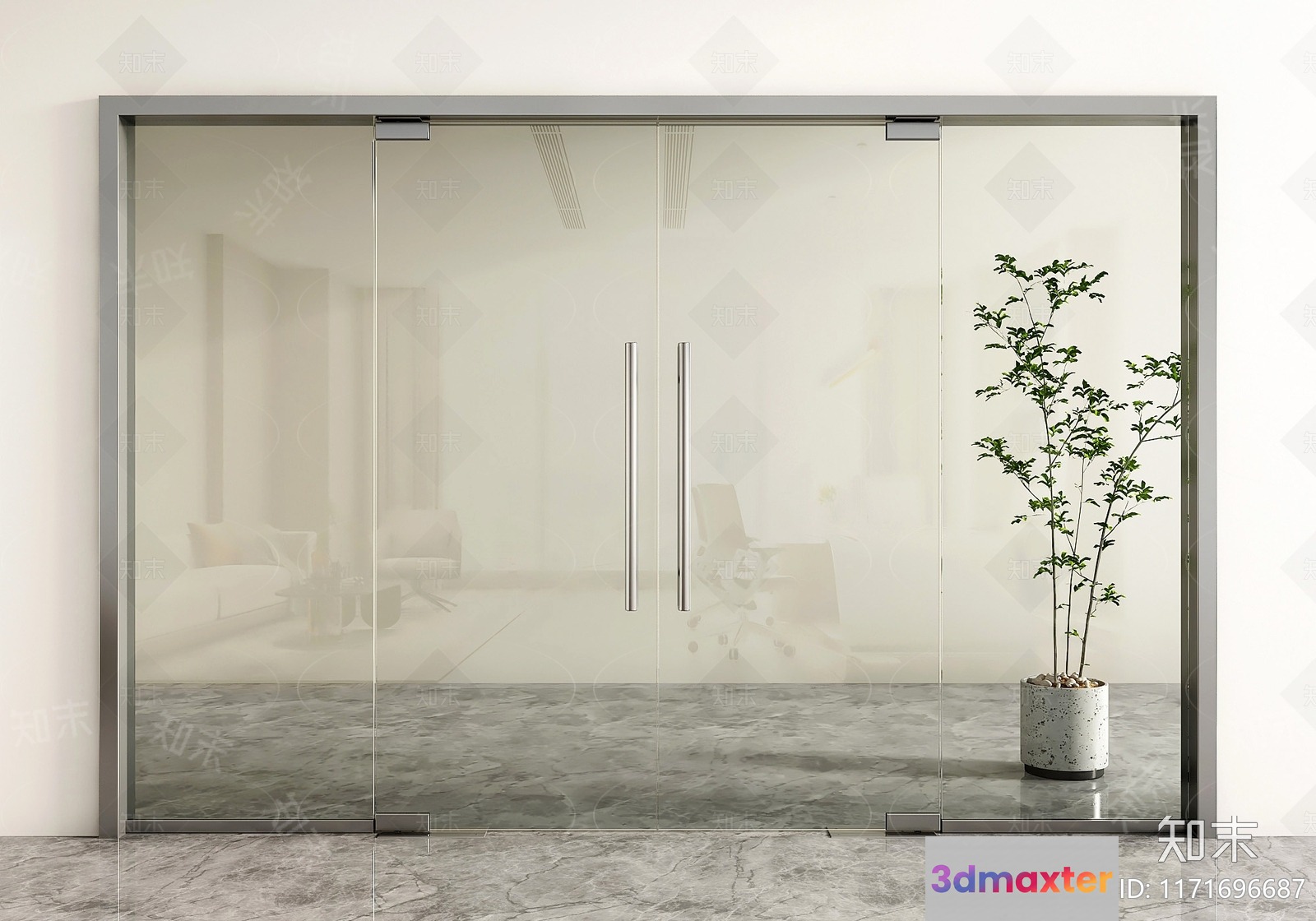 A Glass Door With A Plant 3D Model - 1845 - VRAY Render