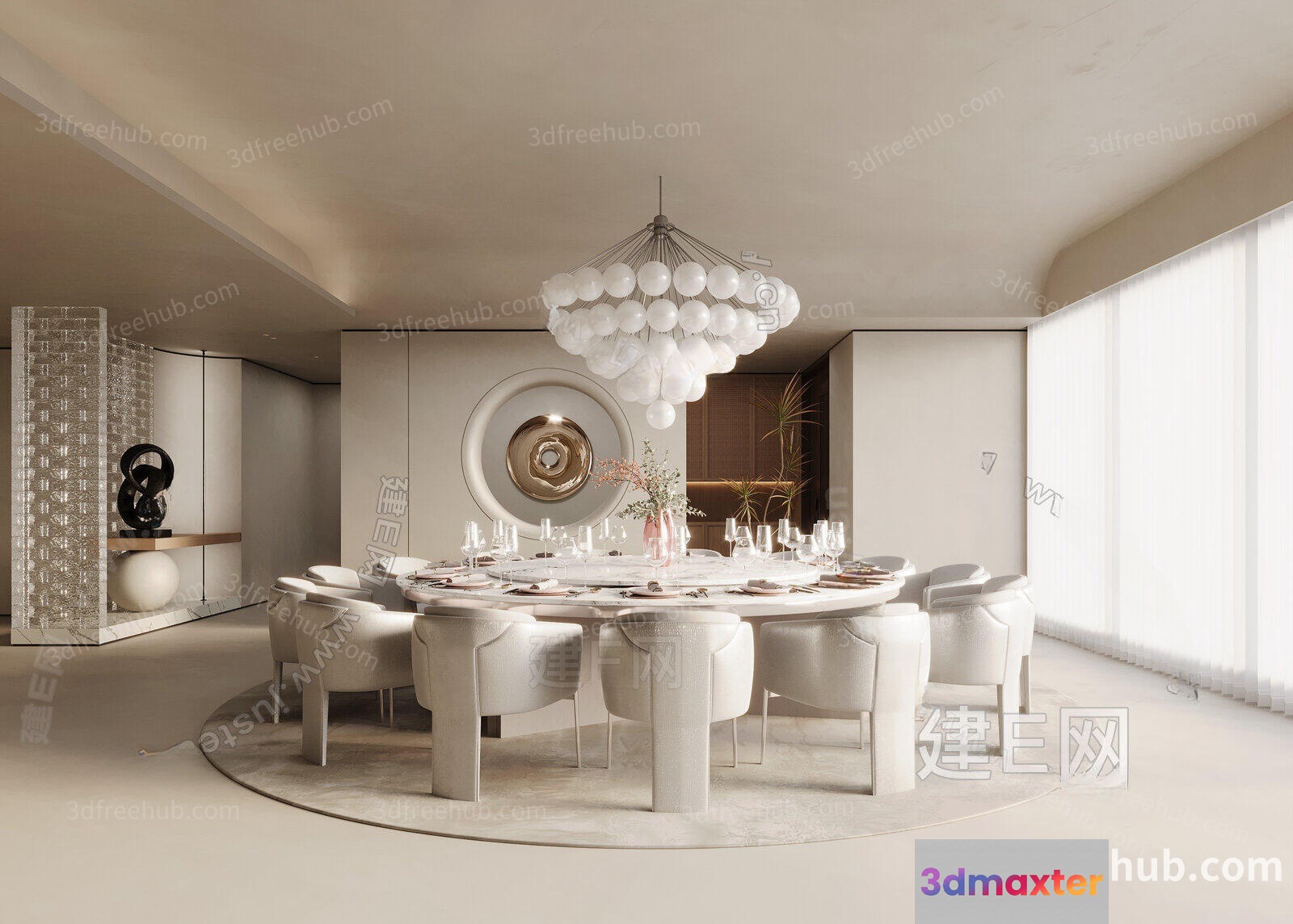 A Modern Dining Room With A Large Table And Chairs 3D Model - 20837 - VRAY Render