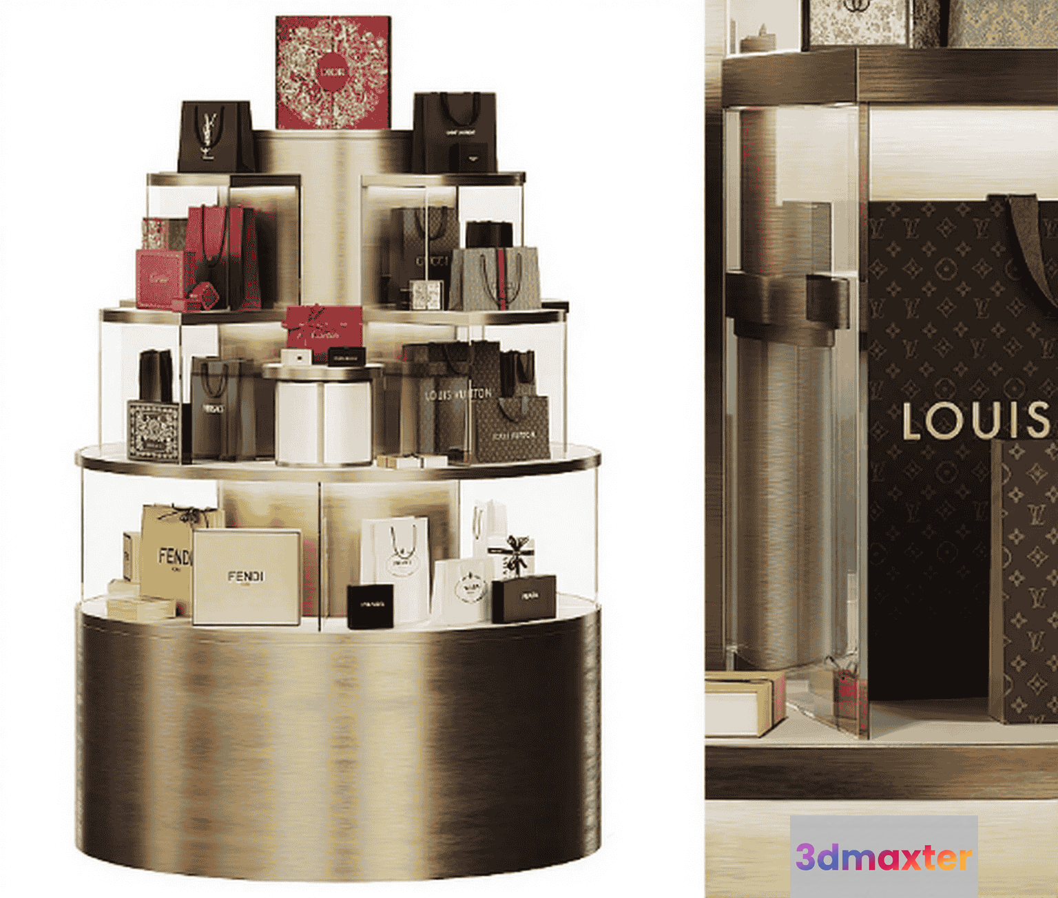 A Display Case With Luxury Brand Items 3D Model - 11342 - CORONA Render
