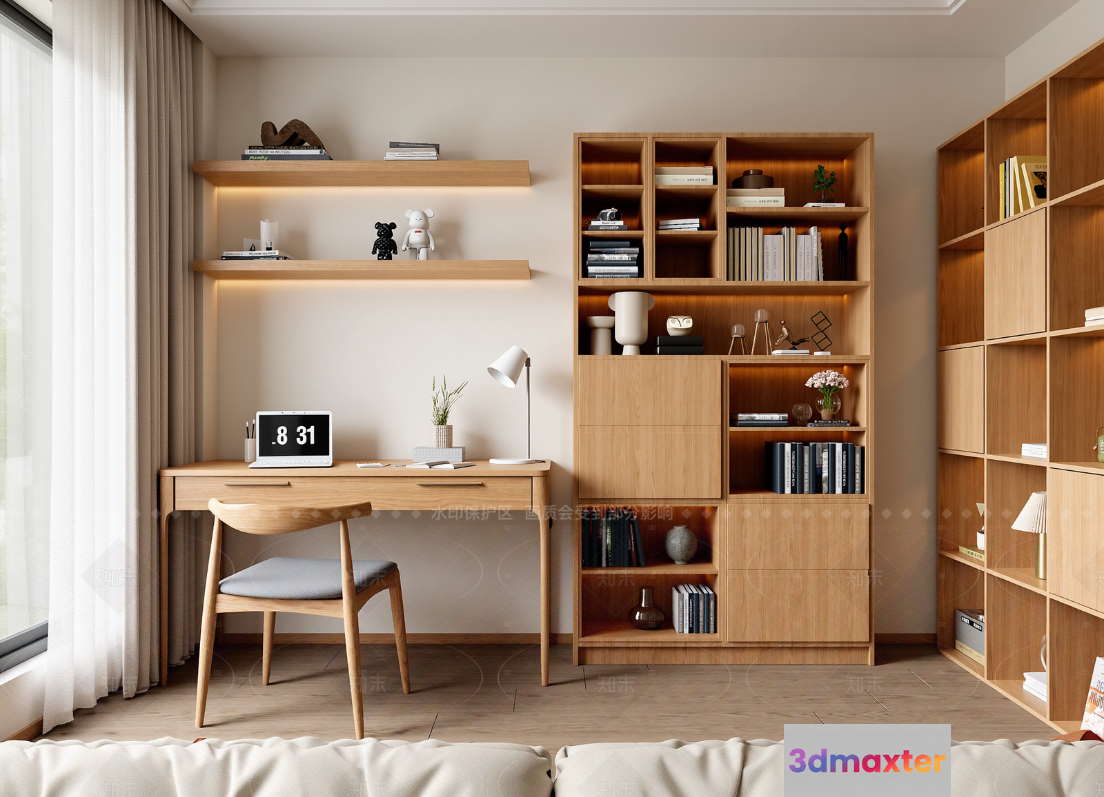 Modern Light Wood Desk Setup 3D Model - 17770 - VRAY Render