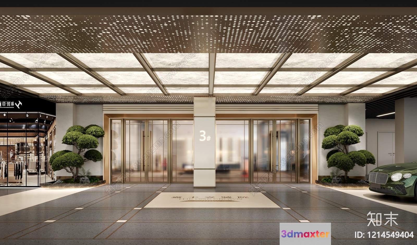 A Modern Lobby With A Glass Door Featuring A Sleek And 3D Model - 13118 - VRAY Render