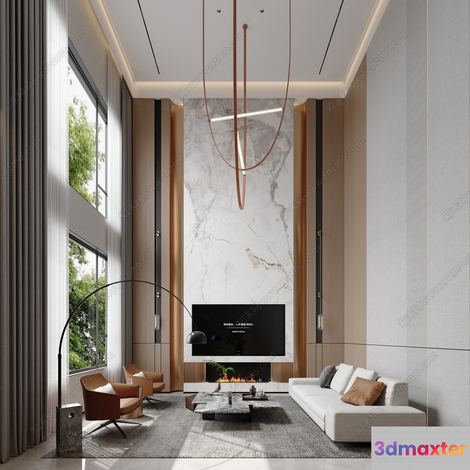 Modern High Ceiling Living Room 3D Model - 2996 - VRAY Render