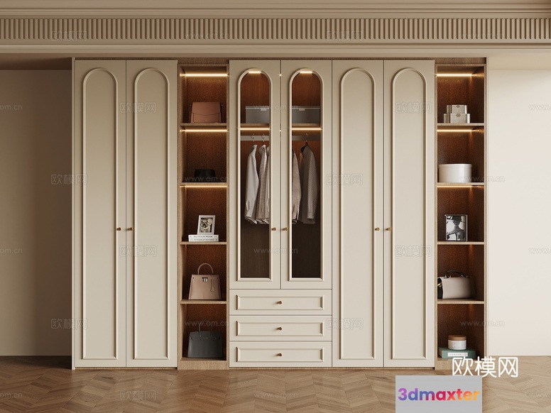 A Cream-Colored Wardrobe With Arched Doors 3D Model - 13954 - VRAY Render