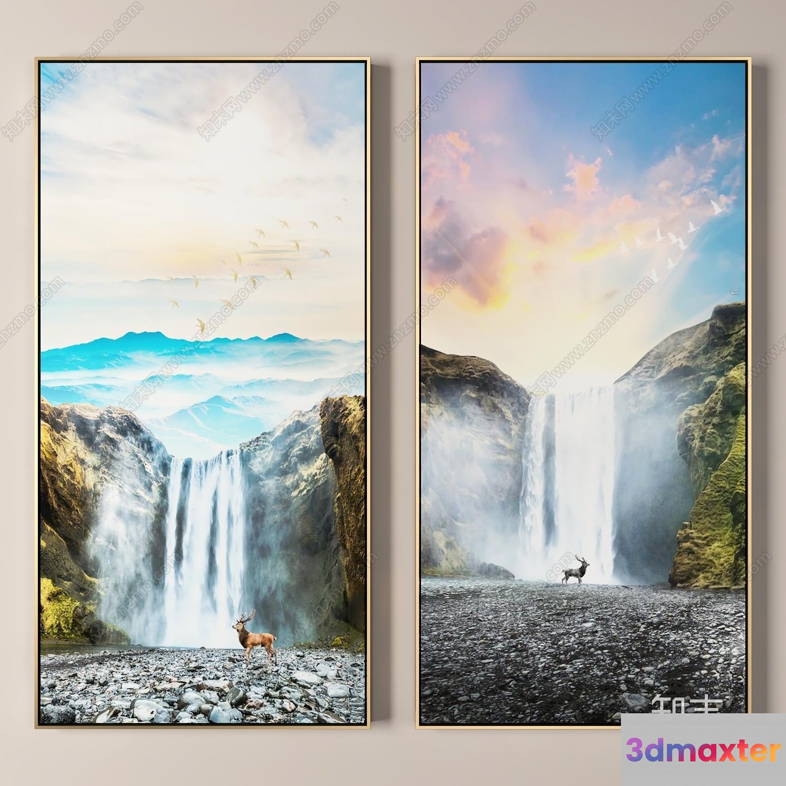Two Large Framed Pictures Of A Waterfall And Mountains 3D Model - 8427 - VRAY Render