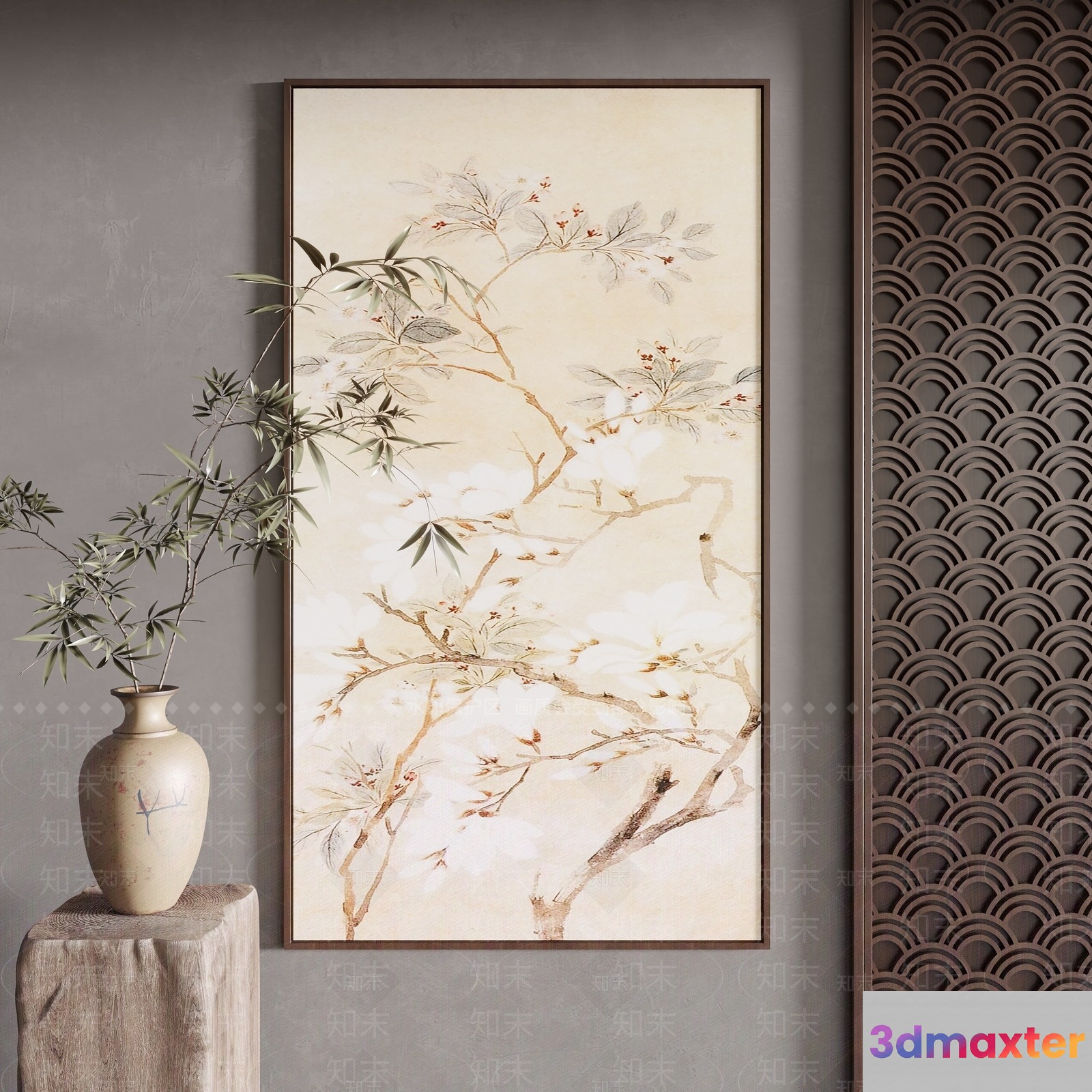 A Framed Painting Of A Tree With Birds 3D Model - 11201 - VRAY Render